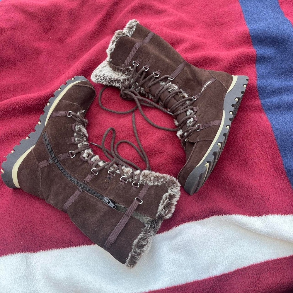 Vtg Skechers Y2K Women’s Faux Fur Boots Brown Suede Lace Up Grand Jams Size 7.5